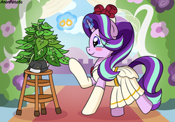 Size: 2000x1400 | Tagged: safe, artist:anonpotato, phyllis, starlight glimmer, pony, unicorn, a horse shoe-in, g4, cargo ship, clothes, crying, drawthread, dress, female, lesbian, marriage, phylliglimmer, potted plant, ring, shipping, smiling, wedding, wedding dress, wedding ring