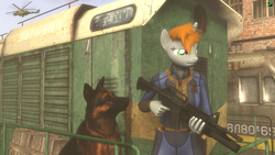 Size: 1920x1080 | Tagged: safe, artist:tfc0234, oc, oc only, oc:littlepip, dog, unicorn, anthro, fallout equestria, 3d, ar-15, assault rifle, clothes, crossover, female, grenade launcher, gun, helicopter, horn, jumpsuit, locomotive, m203, rifle, s.t.a.l.k.e.r., solo, source filmmaker, train, vault suit, weapon