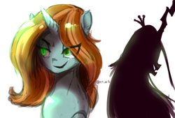 Size: 2039x1377 | Tagged: safe, artist:oberon826, crackle cosette, queen chrysalis, changeling, pony, unicorn, g4, crown, disguise, disguised changeling, duality, evil, eye clipping through hair, female, jewelry, mare, regalia, solo