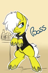 Size: 438x657 | Tagged: artist needed, safe, oc, oc only, oc:boss, earth pony, pony, clothes, cloven hooves, drink, hair over one eye, mug, solo