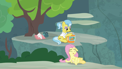 Size: 1920x1080 | Tagged: safe, screencap, angel bunny, doctor fauna, fluttershy, earth pony, pegasus, pony, rabbit, g4, she talks to angel, animal, bag, body swap, concentrated carrot extract, female, jar, male, mare, medical bag, trio