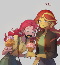 Size: 1480x1616 | Tagged: safe, artist:tcn1205, pinkie pie, sunset shimmer, equestria girls, g4, alternate hairstyle, cute, duo, female, food, gray background, ice cream, ice cream cone, open mouth, pigtails, simple background