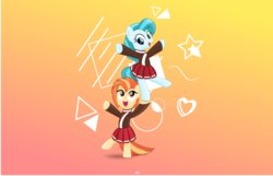 Size: 6458x4167 | Tagged: safe, artist:potato22, lighthoof, shimmy shake, earth pony, pony, g4, abstract background, bipedal, cheerleader, cheerleader outfit, clothes, cute, duo, female, gradient background, mare, pleated skirt, ponytail, skirt, wallpaper
