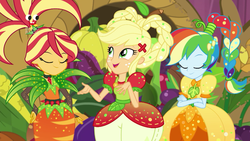 Size: 1280x720 | Tagged: safe, screencap, applejack, rainbow dash, sunset shimmer, equestria girls, equestria girls specials, g4, my little pony equestria girls: better together, my little pony equestria girls: holidays unwrapped, clothes, crossed arms, dress, eyes closed, female, plusplus, puffy sleeves, smiling