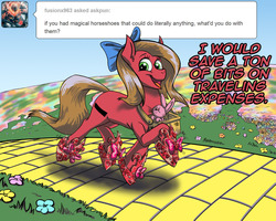 Size: 1000x800 | Tagged: safe, artist:atomi-cat, oc, oc only, oc:pun, oc:wit, earth pony, hare, pony, ask pun, ask, bow, clothes, female, hair bow, mare, ruby slippers, shoes, solo, the wizard of oz, yellow brick road