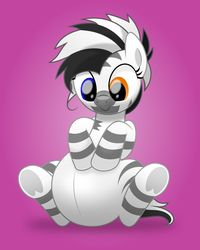 Size: 800x998 | Tagged: safe, artist:jhayarr23, oc, oc only, oc:jadi, pony, zebra, belly, cute, female, heterochromia, hooves on belly, looking at belly, looking down, pink background, pregnant, simple background, sitting, solo, zebra oc