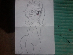 Size: 1600x1200 | Tagged: safe, artist:gempainter32, oc, oc only, oc:diamond nella, unicorn, semi-anthro, ;>, arm hooves, belly button, bow, cute, ear fluff, featureless crotch, female, hips, lineart, mare, missing cutie mark, ocbetes, one eye closed, paper, partial color, solo, traditional art, wink
