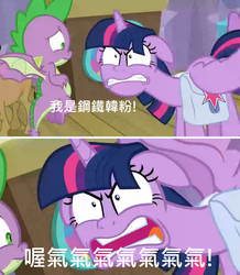 Size: 924x1060 | Tagged: safe, edit, edited screencap, screencap, matilda, spike, twilight sparkle, alicorn, dragon, pony, a trivial pursuit, g4, chinese, han supporter, taiwan, this is trivia trot, twilight sparkle (alicorn), winged spike, wings