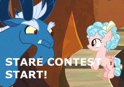 Size: 412x290 | Tagged: safe, edit, edited screencap, screencap, cozy glow, grogar, pegasus, pony, sheep, g4, the summer sun setback, caption, cropped, duo, evil lair, filly, flying, grogar's lair, image macro, lair, ram, stare, text