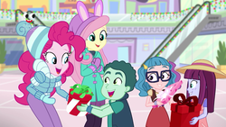 Size: 1280x720 | Tagged: safe, screencap, fluttershy, kimberlite, mint chip, pinkie pie, technicolor waves, human, equestria girls, equestria girls specials, g4, my little pony equestria girls: better together, my little pony equestria girls: holidays unwrapped, canterlot mall, child, children, clothes, female, glasses, gloves, kids, male, pants, plusplus, present, smiling, winter outfit