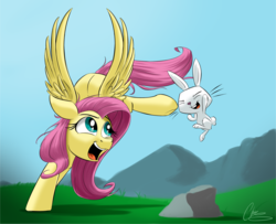 Size: 3584x2914 | Tagged: safe, artist:oinktweetstudios, angel bunny, fluttershy, pegasus, pony, rabbit, g4, she talks to angel, animal, duo, female, happy, high res, jumping, looking at someone, male, mare, midair, open mouth, open smile, outdoors, rock, smiling, spread wings, wings