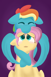 Size: 4000x6000 | Tagged: safe, artist:antimationyt, fluttershy, rainbow dash, pegasus, pony, g4, duo, female, floppy ears, gradient background, hug, hug from behind, lesbian, lineless, looking up, mare, open mouth, ship:flutterdash, shipping, sitting, spread wings, stray strand, wings