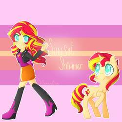 Size: 894x894 | Tagged: safe, artist:drsunnybun, sunset shimmer, pony, unicorn, equestria girls, g4, abstract background, duo, female, mare, self ponidox, smiling