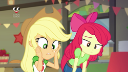 Size: 1280x720 | Tagged: safe, screencap, apple bloom, applejack, equestria girls, equestria girls specials, g4, my little pony equestria girls: better together, my little pony equestria girls: holidays unwrapped, the cider louse fools, applejack's hat, bow, cowboy hat, female, geode of super strength, hair bow, hat, magical geodes, plusplus