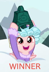 Size: 318x466 | Tagged: safe, edit, edited screencap, screencap, cozy glow, pony, frenemies (episode), g4, clothes, cropped, female, grogar's bell, meme, snow, solo, sweater, winter outfit