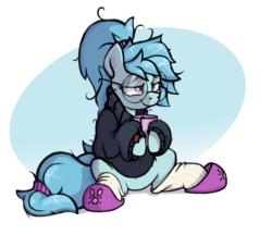 Size: 819x707 | Tagged: safe, artist:rexyseven, oc, oc only, oc:whispy slippers, earth pony, pony, clothes, coffee mug, female, food, glasses, hoof hold, mare, mug, sitting, slippers, socks, solo, sweater, tea, teabag, turtleneck