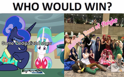 Size: 802x500 | Tagged: safe, princess celestia, princess luna, bronycon, between dark and dawn, g4, deleuze, meme, oedipus, op is a duck, op is trying to start shit, philosophy, post office, text, who would win
