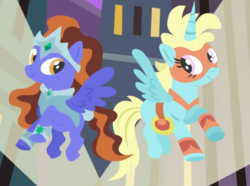 Size: 514x383 | Tagged: safe, captain mare-acle, sagittiara, alicorn, pony, dragon dropped, g4, cropped, power ponies