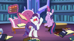 Size: 1671x938 | Tagged: safe, screencap, rarity, twilight sparkle, alicorn, pony, dragon dropped, g4, book, fainting couch, library, marshmelodrama, messy mane, nose in the air, twilight sparkle (alicorn), twilight's castle, twilight's castle library