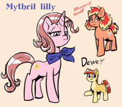 Size: 958x842 | Tagged: safe, artist:soulcentinel, oc, oc:dewey, oc:mythril lily, oc:strawberry sunset, earth pony, pony, unicorn, fanfic:twin fates, clothes, cute, cutie mark, female, freckles, male, text, young