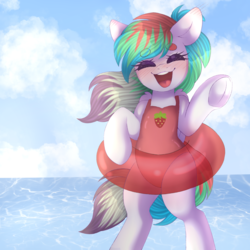 Size: 3000x3000 | Tagged: safe, artist:adostume, derpibooru exclusive, oc, oc only, pegasus, semi-anthro, arm hooves, beach, blank flank, blushing, clothes, cute, eyes closed, female, floaty, floppy ears, high res, inflatable, inner tube, laughing, multicolored mane, ocean, one-piece swimsuit, pool toy, sky, smiling, solo, swimsuit, teeth, underhoof, water