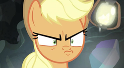 Size: 828x457 | Tagged: safe, screencap, applejack, earth pony, pony, dragon dropped, g4, angry, applejack is best facemaker, close-up, female, grumpy, mare, shrunken pupils, solo, unamused