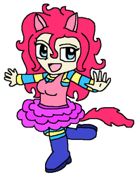 Size: 447x573 | Tagged: safe, artist:logan jones, pinkie pie, human, g4, anime, boots, breasts, clothes, eared humanization, female, humanized, kneesocks, pony ears, shirt, shoes, simple background, skirt, socks, solo, striped socks, sweater, tailed humanization, tank top, undershirt, white background