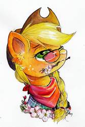 Size: 731x1092 | Tagged: safe, artist:lailyren, applejack, pony, g4, 2019, clothes, female, flower, glasses, hat, scarf, solo, traditional art