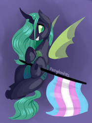Size: 1280x1707 | Tagged: safe, artist:incendiarymoth, queen chrysalis, changeling, changeling queen, g4, female, gender headcanon, green changeling, lgbt headcanon, pride, pride flag, sharp teeth, solo, teeth, transgender, transgender pride flag