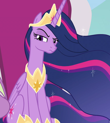 Size: 787x881 | Tagged: safe, screencap, spike, twilight sparkle, alicorn, dragon, pony, g4, the last problem, cropped, ethereal mane, offscreen character, older, older twilight, older twilight sparkle (alicorn), princess twilight 2.0, solo focus, twilight sparkle (alicorn), twilight sparkle is not amused, unamused, winged spike, wings