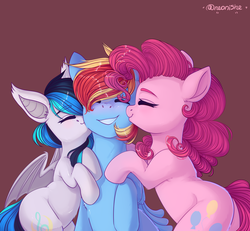 Size: 2500x2314 | Tagged: safe, artist:neonishe, pinkie pie, oc, bat pony, earth pony, pegasus, pony, g4, cheek kiss, commission, curly mane, cute, high res, hug, kissing, nuzzling, rainbow dash gets all the mares, shiny, smiling