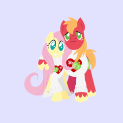 Size: 2400x2400 | Tagged: safe, anonymous artist, big macintosh, fluttershy, earth pony, pony, series:fm holidays, g4, clothes, ear piercing, earring, female, high res, hoof around neck, jewelry, lineless, lipstick, male, matching outfits, no pupils, piercing, purple background, ship:fluttermac, shipping, shoes, simple background, smiling, straight, sweater, turtleneck, white lipstick