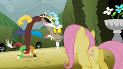 Size: 1366x768 | Tagged: safe, screencap, discord, fluttershy, g4, the return of harmony, angry, butt, canterlot hedge maze, cropped, flutterbutt, hedge maze, maze, plot