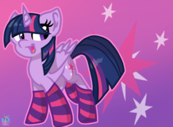Size: 1375x1012 | Tagged: safe, artist:rainbow eevee, twilight sparkle, alicorn, pony, g4, clothes, cute, cutie mark, cutie mark background, female, gradient background, open mouth, simple background, socks, solo, stockings, striped socks, thigh highs, twilight sparkle (alicorn), wallpaper