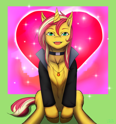 Size: 2100x2236 | Tagged: safe, artist:rittaruzira, sunset shimmer, pony, unicorn, g4, alternate hairstyle, choker, clothes, cloven hooves, female, geode of empathy, green background, heart, heart background, high res, jacket, magical geodes, needs more saturation, open mouth, simple background, sitting, solo