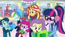Size: 1280x720 | Tagged: safe, screencap, henry handle, lily pad (g4), little red, manestrum, rainbow dash, sci-twi, sunset shimmer, twilight sparkle, equestria girls, equestria girls series, g4, holidays unwrapped, spoiler:eqg series (season 2), canterlot mall, clothes, earmuffs, eyes closed, female, glasses, kids, male, plusplus, ponytail, present, smiling, winter outfit