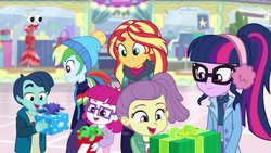 Size: 1280x720 | Tagged: safe, screencap, henry handle, lily pad (g4), little red, manestrum, sci-twi, sunset shimmer, twilight sparkle, equestria girls, equestria girls specials, g4, my little pony equestria girls: better together, my little pony equestria girls: holidays unwrapped, canterlot mall, clothes, earmuffs, female, glasses, kids, male, plusplus, present, winter outfit