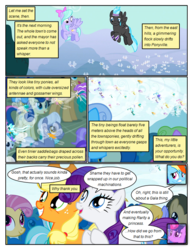 Size: 612x792 | Tagged: safe, artist:newbiespud, edit, edited screencap, screencap, amethyst star, applejack, bon bon, candy mane, cloud kicker, cotton (g4), cotton cloudy, daisy, doctor whooves, flitter, flower wishes, linky, ponet, rainbow dash, rarity, royal riff, shoeshine, sparkler, sweetie drops, thunderclap, time turner, twilight sparkle, twirly, breezie, earth pony, pegasus, pony, unicorn, comic:friendship is dragons, g4, background pony, background pony audience, bow, comic, dialogue, female, flying, freckles, grin, hair bow, hat, headband, looking down, looking up, male, mare, saddle bag, screencap comic, smiling, stallion, unicorn twilight, unnamed breezie, unnamed character