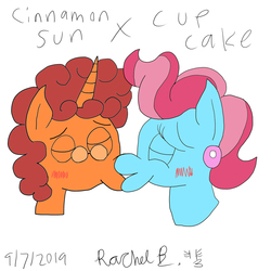 Size: 3000x3000 | Tagged: safe, artist:smurfettyblue, derpibooru exclusive, cup cake, oc, oc:cinnamon sun, pony, g4, canon x oc, cinnamoncake, female, high res, kissing, male, photoshop, request, shipping, signature, straight