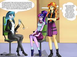 Size: 1024x768 | Tagged: safe, artist:attentte, sci-twi, sunset shimmer, twilight sparkle, oc, oc:spiral swirl, equestria girls, equestria girls series, g4, boots, bowtie, bracelet, chair, clothes, cute, geode of empathy, geode of telekinesis, glasses, hypnosis, hypnotherapy, hypnotist, hypnotized, jewelry, magical geodes, necklace, pendulum swing, pocket watch, ponytail, shoes, sitting, skirt, socks, speech bubble, swirly eyes, thought bubble