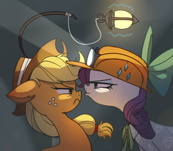 Size: 1408x1229 | Tagged: safe, artist:tcn1205, applejack, rarity, earth pony, pony, unicorn, dragon dropped, g4, female, fishing rod, frown, hat, helmet, lamp, looking at each other, mare, personal space, ribbon, squint
