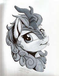 Size: 2550x3300 | Tagged: safe, artist:sigilponies, autumn blaze, kirin, g4, awwtumn blaze, bust, cute, female, grayscale, high res, ink drawing, monochrome, portrait, signature, solo, tongue out, traditional art
