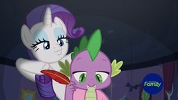 Size: 1920x1080 | Tagged: safe, screencap, rarity, spike, dragon, pony, unicorn, dragon dropped, g4, :3, blanket, clothes, discovery family logo, duckface, duo, female, ignoring, lighting, male, mare, quill, robe, scratching, spike's room, winged spike, wings, writing