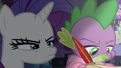 Size: 1920x1080 | Tagged: safe, screencap, rarity, spike, dragon, pony, unicorn, dragon dropped, g4, 1080p, angry, annoyed, blanket, clothes, discovery family logo, duo, female, frown, ignoring, jealous, lighting, mare, narrowed eyes, nose wrinkle, quill, robe, spike's room, winged spike, wings, writing