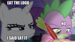 Size: 888x499 | Tagged: safe, edit, edited screencap, screencap, rarity, spike, dragon, pony, unicorn, dragon dropped, g4, angry, annoyed, blanket, caption, clothes, discovery family logo, duo, eating, female, frown, ignoring, image macro, jealous, lighting, logo, mare, narrowed eyes, nose wrinkle, quill, robe, spike's room, text, winged spike, wings, writing