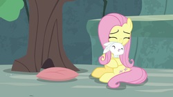 Size: 1920x1080 | Tagged: safe, screencap, angel bunny, fluttershy, pegasus, pony, rabbit, g4, she talks to angel, animal, body swap, cute, duo, eyes closed, female, hug, male, mare, pillow, shyabetes