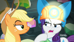 Size: 1920x1080 | Tagged: safe, screencap, applejack, rarity, earth pony, pony, unicorn, dragon dropped, g4, annoyed, argument, clothes, discovery family logo, duo, eye contact, female, gem, gem cave, helmet, lidded eyes, looking at each other, mare, mining helmet, raised eyebrow, shirt, unamused