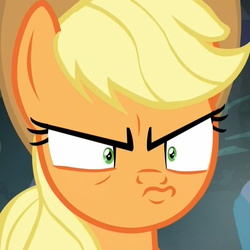 Size: 1078x1078 | Tagged: safe, screencap, applejack, earth pony, pony, dragon dropped, g4, angry, applejack is best facemaker, cropped, female, frown, furrowed brow, mare, narrowed eyes, reaction image, shrunken pupils, solo