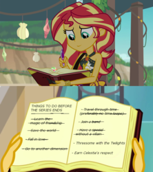 Size: 640x720 | Tagged: safe, edit, edited screencap, screencap, sunset shimmer, equestria girls, equestria girls series, forgotten friendship, g4, spoiler:eqg series (season 2), austin powers, austin powers in goldmember, bucket list, geode of empathy, implied group sex, implied lesbian, implied sci-twi, implied scitwishimmer, implied selfcest, implied sex, implied shipping, implied sunset twiangle, implied sunsetsparkle, implied threesome, implied twilight sparkle, implied twitwi, journal, list, magical geodes, meta, no fourth wall, pen
