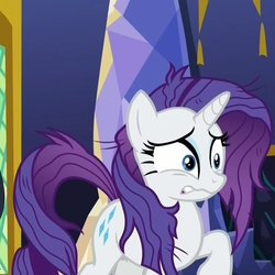 Size: 1078x1078 | Tagged: safe, screencap, rarity, pony, unicorn, dragon dropped, g4, cropped, female, frazzled, grimace, mare, messy mane, solo